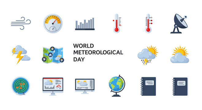 World Meteorological Day Weather Forecast Icons.