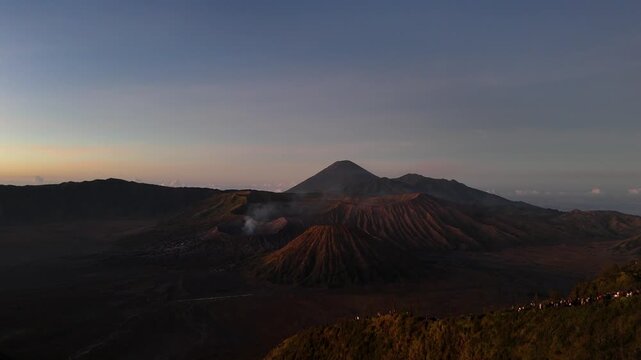 Aerial Drone View of Mount Bromo Volcano at Sunrise, East Java, Indonesia