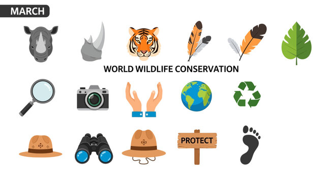 World Wildlife Conservation Month Icons.