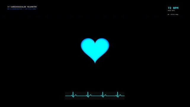Medical monitor shows heart rate data with a pulsing wireframe heart animation in a loop, ideal for healthcare technology visuals