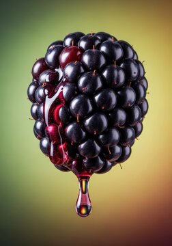 Extreme macro view of a ripe, deeply colored berry bursting with sweet, sticky juice that is dripping down the natural surface, raw, sappy, burst