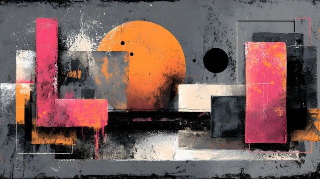 Striking abstract image featuring an arrangement of geometric shapes in a bold vibrant color palette against a dark background creating a dynamic and visually compelling composition
