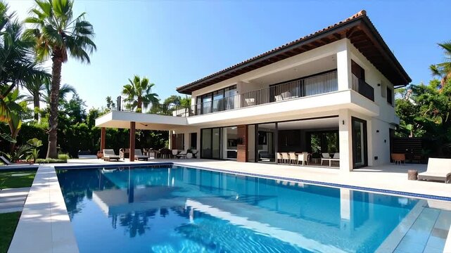 Luxurious two-story home with a pool, open design, balconies, and tropical landscaping