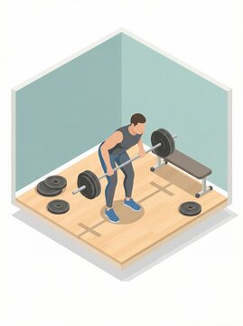 Man performing a bent-over row gym exercise with a barbell in a weight room, focusing on strength training and fitness