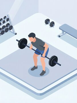 Isometric illustration of a man performing a focused gym exercise, a bent-over barbell row, to develop strength and fitness in a modern gym environment