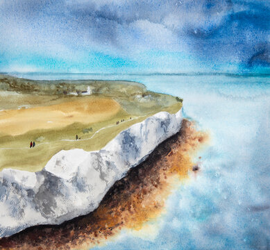 Watercolour painting of white cliffs of Dover