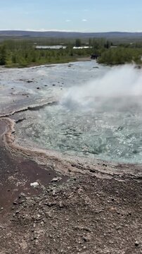 Boiling hot springs, mud pots and fumaroles in Haukadalur geothermal valley, Golden Circle, Iceland