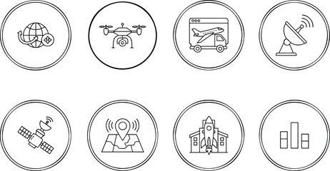 Fototapeta premium Satellite navigation and aerospace technology vector icon collection featuring global positioning systems drones aircraft and telecommunication signals.