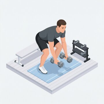 Man performing a bent-over dumbbell row gym exercise for a full back workout in a home gym setting