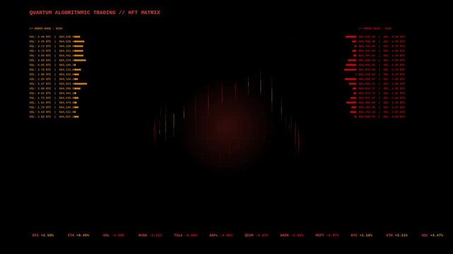 Quantum algorithmic trading interface showing nft matrix market data with flickering order books and stock ticker