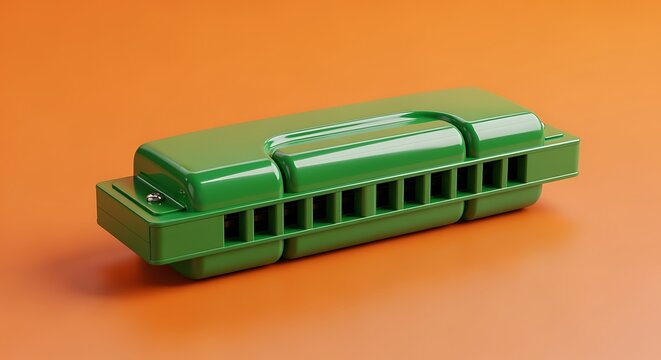 Green metal harmonica musical instrument with rectangular shape and holes on orange background