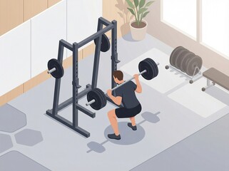 Obraz premium Isometric illustration of a determined man performing an intense gym exercise, squatting with a heavy barbell in a modern home fitness room, focusing on strength and muscle building
