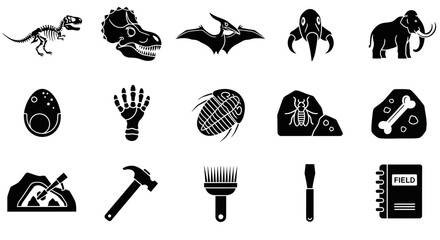 A grid of fifteen black and white icons related to paleontology and fossils © Julian Vance