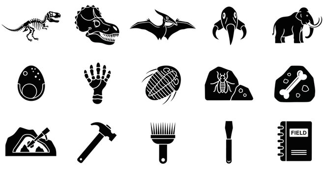 A grid of fifteen black and white icons related to paleontology and fossils