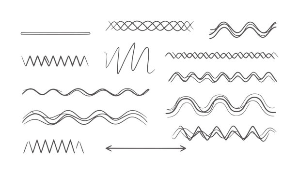 Black and white hand drawn sound wave patterns in various styles and complexities