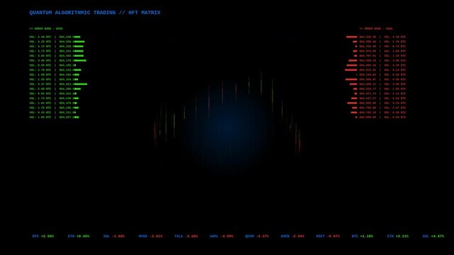 Quantum algorithmic trading interface with live financial data and real time market order book on black background