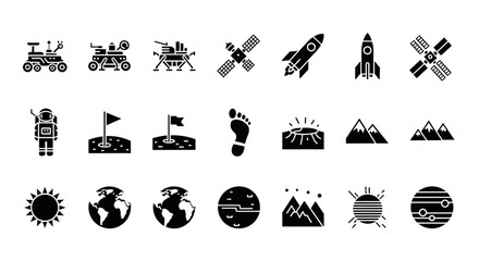 A grid of black and white vector icons related to space exploration and astronomy © Julian Vance