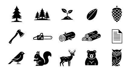 Fototapeta premium Black silhouette icons depicting forestry logging and woodland wildlife elements