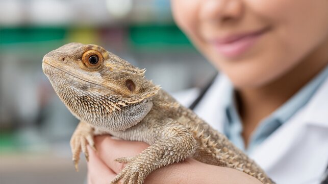 Exotic bearded dragon lizard perched on a veterinarian's arm, showcasing detailed scales and alert golden eye in a professional medical setting