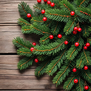 Festive evergreen branches with red berries on rustic wood.
