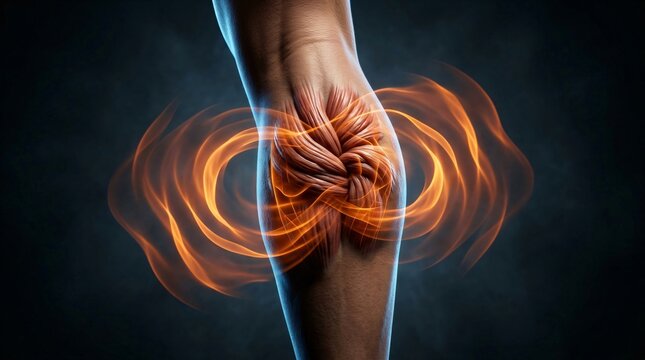 Detailed human elbow joint showing musculature with swirling energy or heat waves