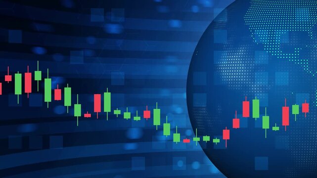 Loopable candlestick stock market chart analysis, global finance data on rotating planet earth globe with blue digital background