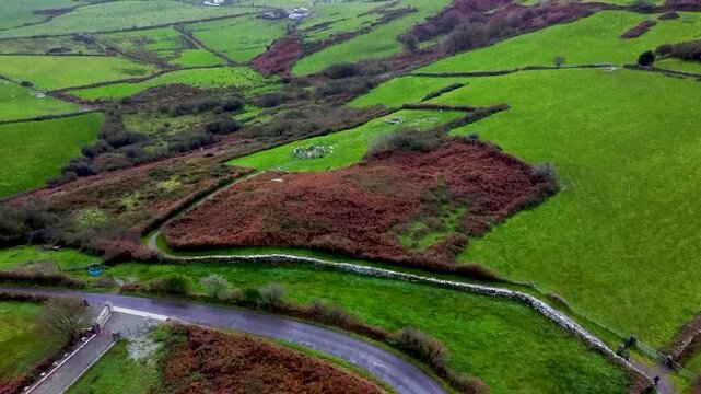 Aerial drone shot capturing an ancient megalithic Drombeg Stone Circle surrounded by lush green pastures in the rural countryside of Cork, Ireland