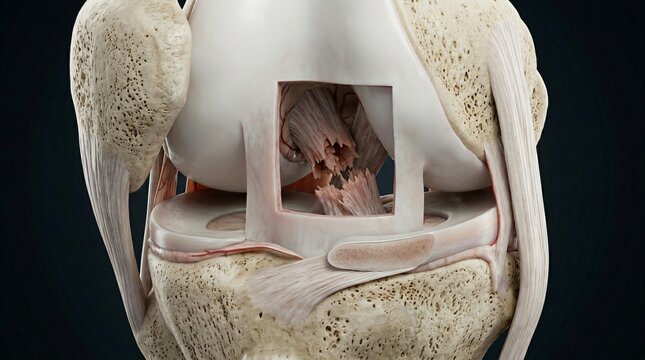 Anatomical illustration of a torn anterior cruciate ligament within a human knee joint