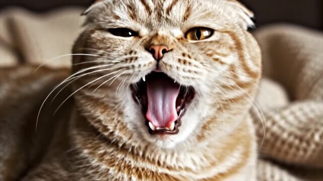 A furious cat with an open mouth and sharp teeth sits on a sofa