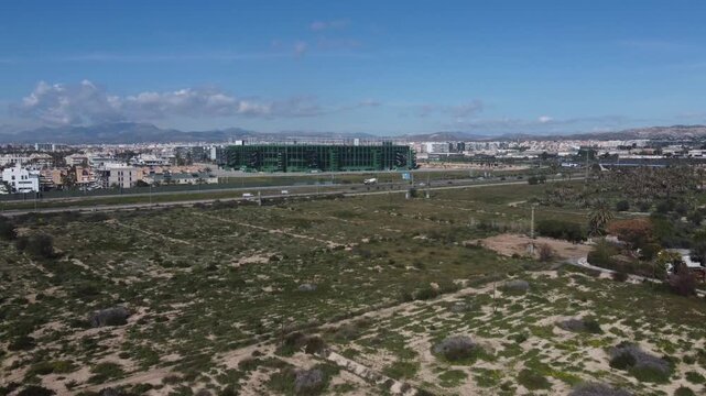 Aerial approach to the Manuel Mart&iacute;nez Valero Stadium in Elche, Spain