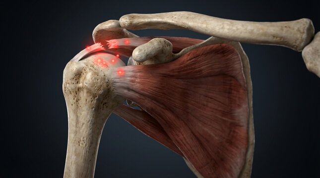 Anatomical illustration of a torn rotator cuff with inflammation and pain in the shoulder