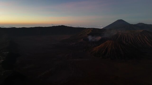 Aerial Drone View of Mount Bromo Volcano at Sunrise, East Java, Indonesia