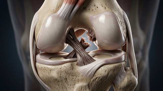 Detailed medical illustration of a torn anterior cruciate ligament in a human knee