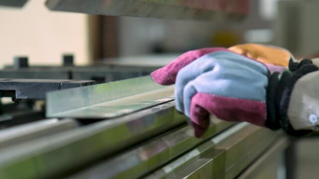 Worker Operating A Hydraulic Press Brake, Bending Metal In A Industrial Metalworking Factory. Close Up Shot.