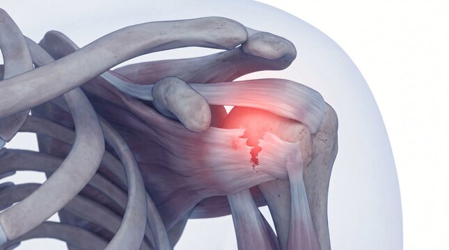 Anatomical illustration of a torn rotator cuff tendon with inflammation and bone structure