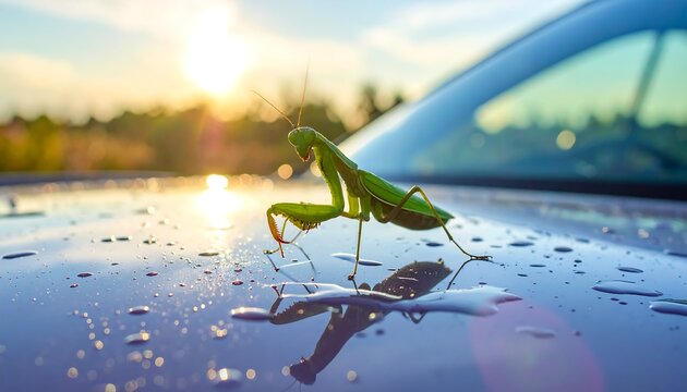 A green praying mantis on a wet car hood