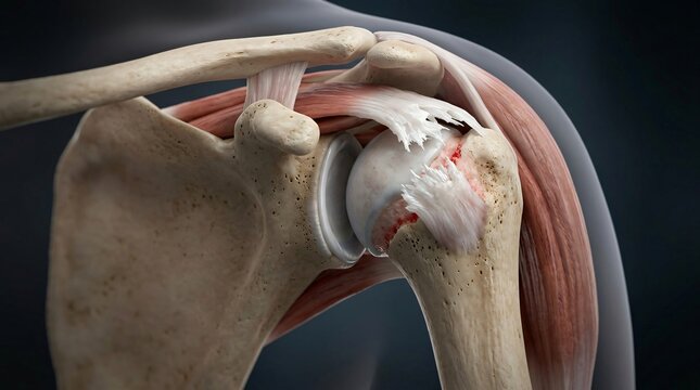 Detailed anatomical illustration of the human shoulder joint with ligaments and muscles
