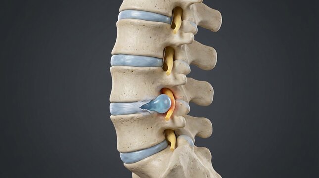 Close up 3D rendering of a herniated lumbar disc compressing a spinal nerve