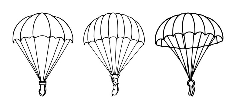 Parachute set with stylized descending icon illustrating emergency rescue featuring parachute, sky, silhouette with gradient and lines