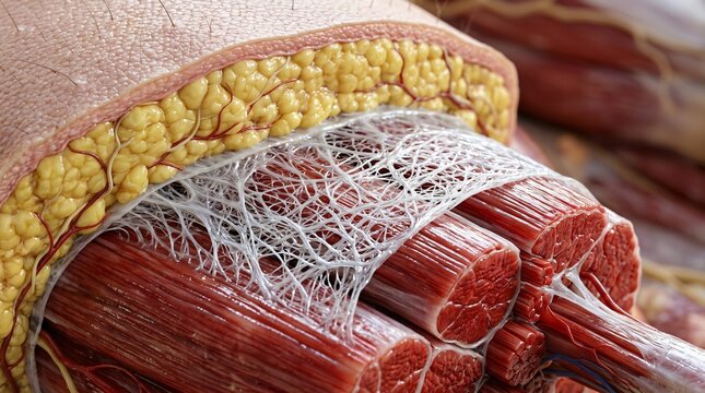 Detailed anatomical cross section showing human skin subcutaneous fat connective tissue and muscle fibers