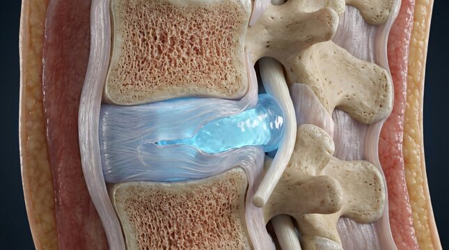 Detailed cross section of human lumbar spine showing vertebral bones intervertebral disc and spinal cord
