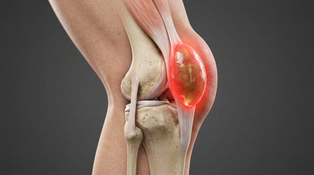 Human knee joint anatomy showing a swollen inflamed bursa with surrounding muscle and bone
