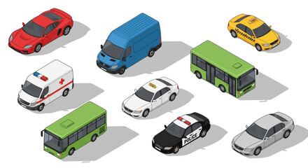 Isometric vector illustration set featuring a diverse collection of transport icons including cars on the road, trucks, buses, and delivery vans for automotive traffic and cargo shipping design © nisrinaicca