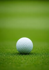 Obraz premium A freshly hit golf ball rests on the meticulously manicured green turf, showcasing the fine texture of the natural grass surface, sport, detail, carpet