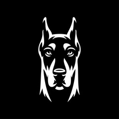 Logotipo con dibujo sencillo con líneas de la cabeza de un perro doberman vista de frente con fondo negro  © teracreonte