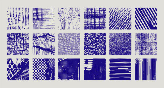 Grunge texture squares collection, abstract halftone and comic overlay vector set.
