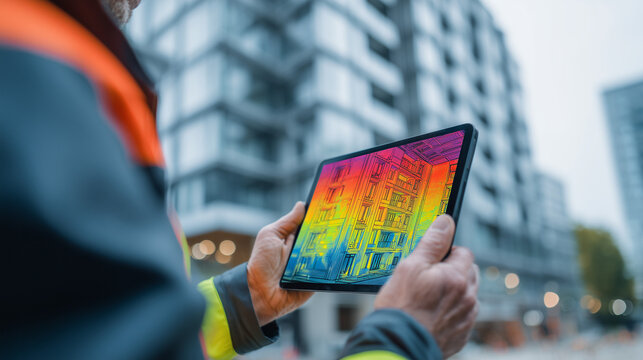ultra realistic building energy inspection with thermal imaging on tablet, professional engineer using infrared scanning for building efficiency, close up of tablet showing heat map analysis 