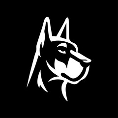 Logotipo con dibujo sencillo con líneas de la cabeza de un perro doberman vista de perfil con fondo negro  © teracreonte