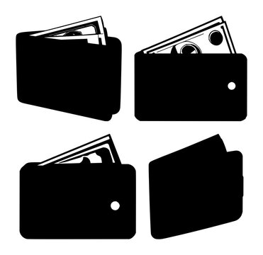 Wallet with cash silhouette set with simple line art design featuring simple design, minimalist, black and white with illustrations and graphics