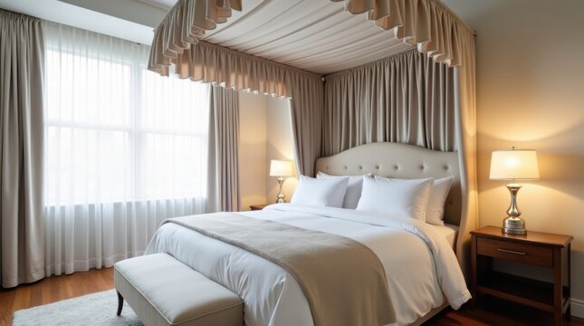 Dormitorio con una lujosa cama con dosel adornada con s&aacute;banas blancas impecables y cortinas transparentes